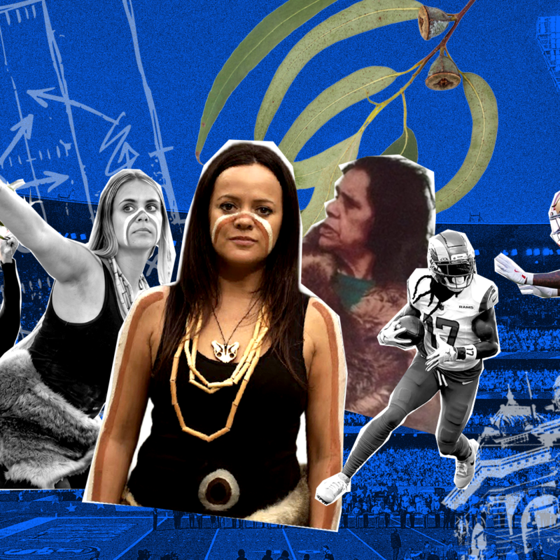 Editorial collage featuring Stacie Piper and Djirri Djirri dancers alongside NFL players and the Melbourne Cricket Ground.